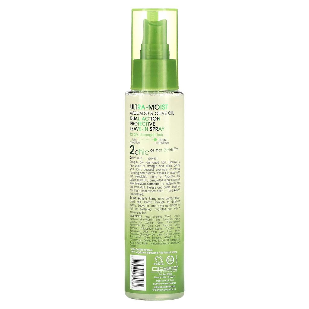 Giovanni Spray de protecție absorbant 2chic, ultra umed cu dublă acțiune, avocado + ulei de măsline, 4 fl oz (118 ml)
