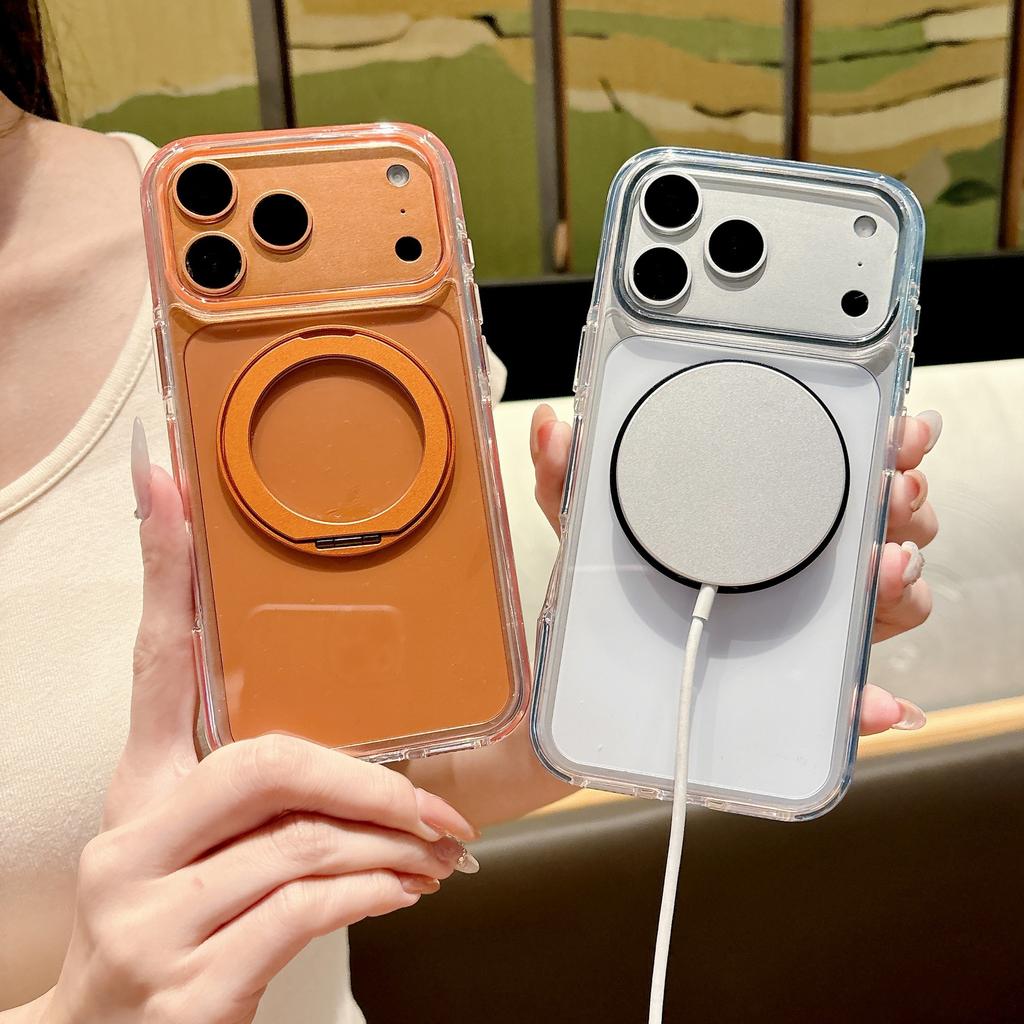 Suitable for IPhone17pro Ice Crystal Magnetic Mobile Phone Case 360 Rotating Bracket Apple 16 Two-color Transparent Anti-fall Cover