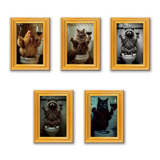 1/5/6Pcs Drinking Animal Cat Refrigerator Magnet Vintage Wooden Frame Animal Fridge Magnet Home Kitchen Office Decoration Animal Lover Gift