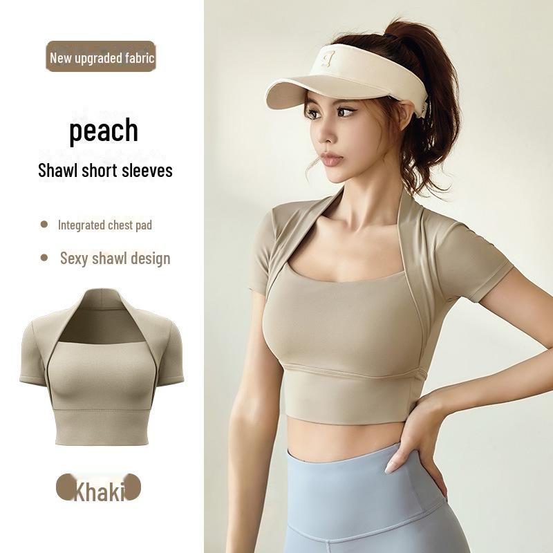 Juyitang Yoga-Top mit kurzen Ärmeln und hoher Elastizität – kein BH erforderlich 