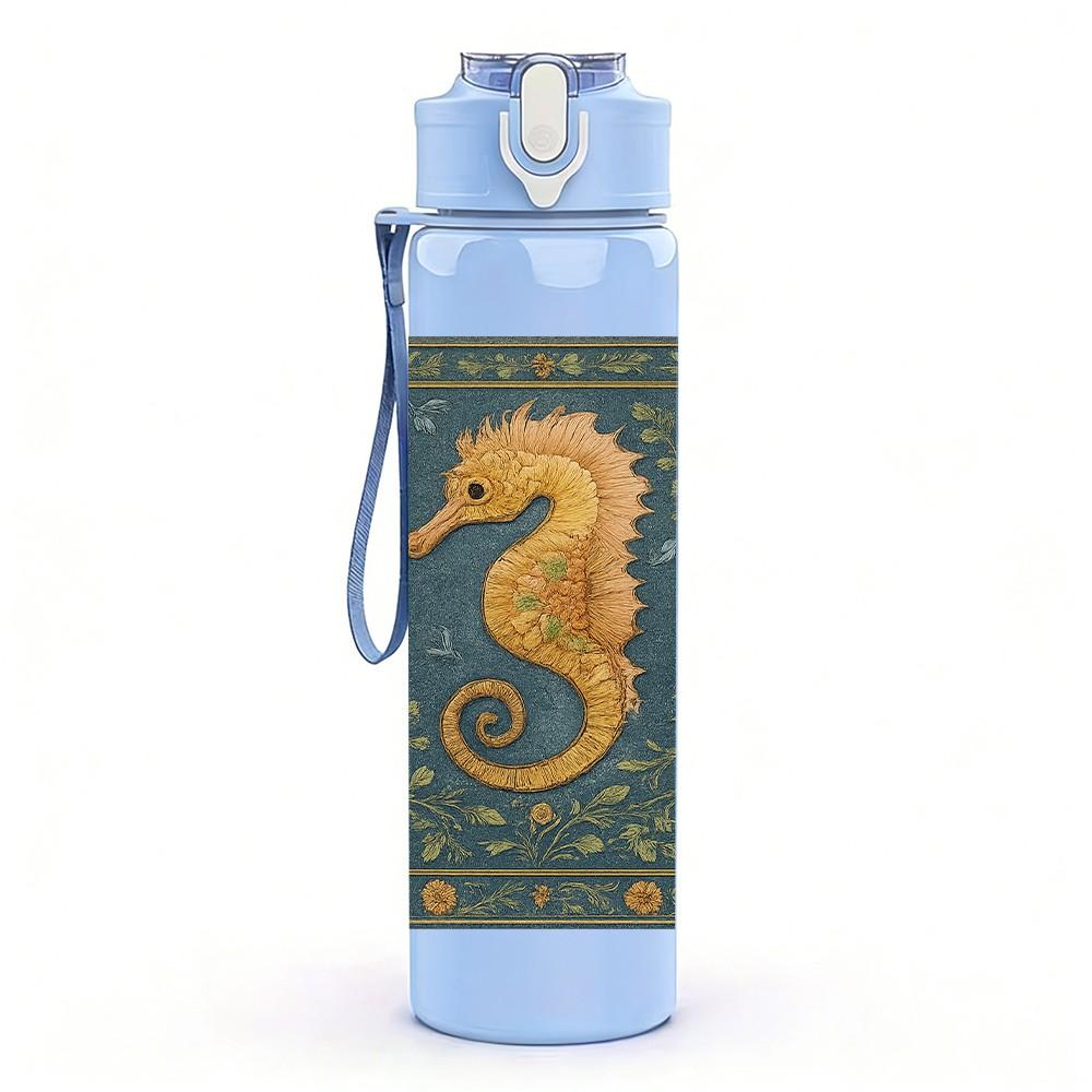 1PC Seahorse Vintage Ocean Pattern Print 750ml Color Plastic Sports Water Bottle Leakproof Flip Straw Lid Suitable for Sports Office Home Use