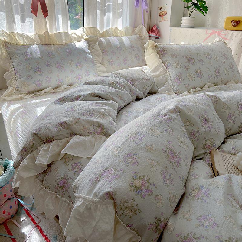 Princess Style Crinkled Gauze Lace Bedding Set - 4-Piece Washable Cotton Plaid Double Duvet Cover for All Seasons