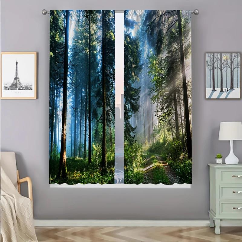 2PCS- Beautiful Forest Pattern Printed Curtains, Pole Bag Home Decoration, Room Decoration