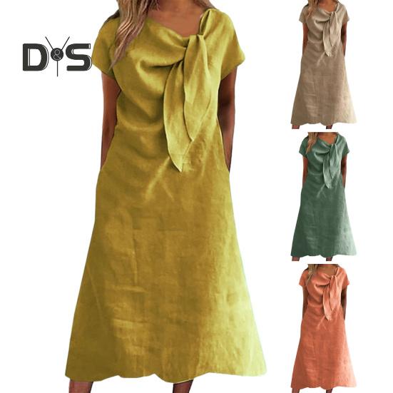 Women Midi Dress Decorated Collar Straps Short Sleeve Dress Solid Color Loose Fit Summer Casual Dress