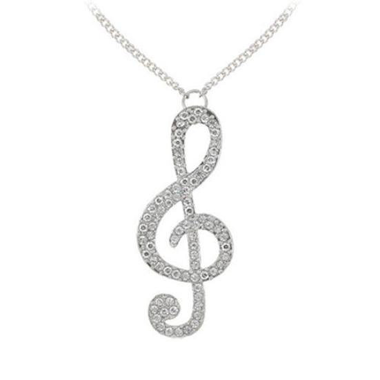 Fashion Women Fully Rhinestone Music Note Pendant Long Chain Sweater Necklace