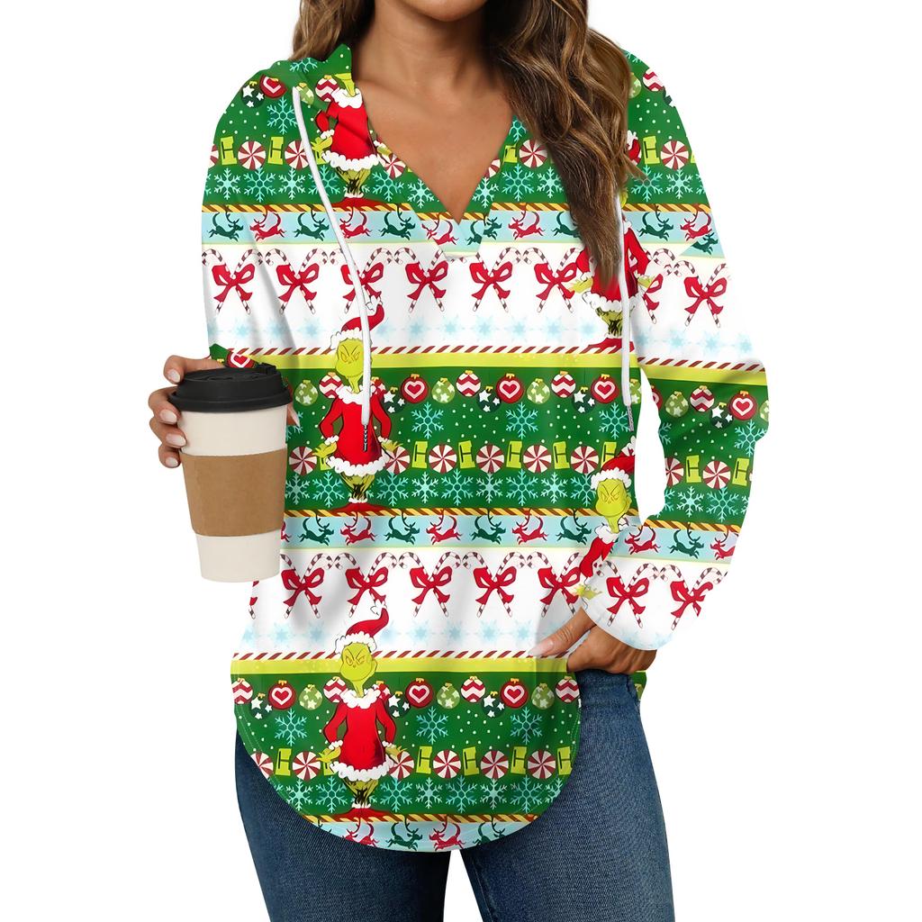Women's Fashion Hoodies V Neck Long Sleeve Christmas Printed Drawstring Casual Loose Pullover Tops