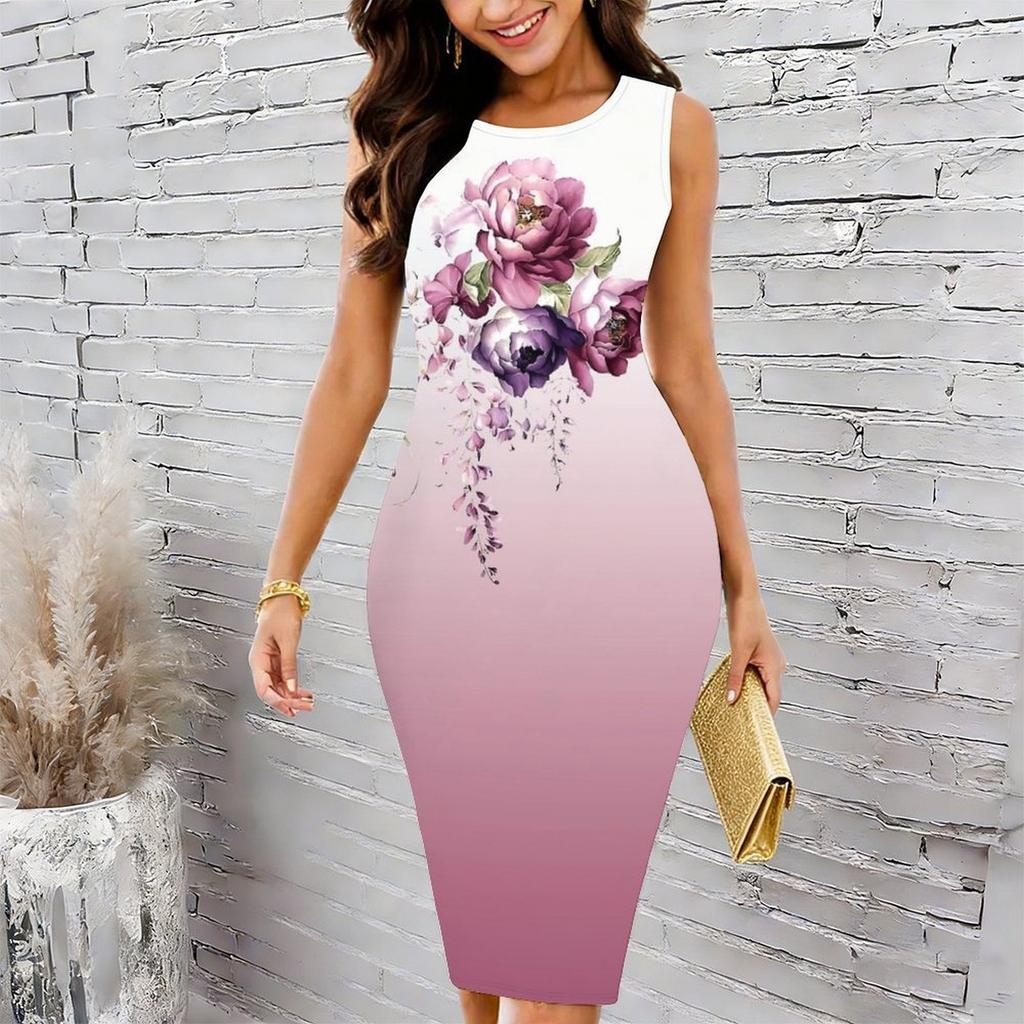 Women Plus Size Sleeveless Round Neck Midi Bodycon Dress Light Blue Vintage Floral Gradient Print Slim Fit Dress