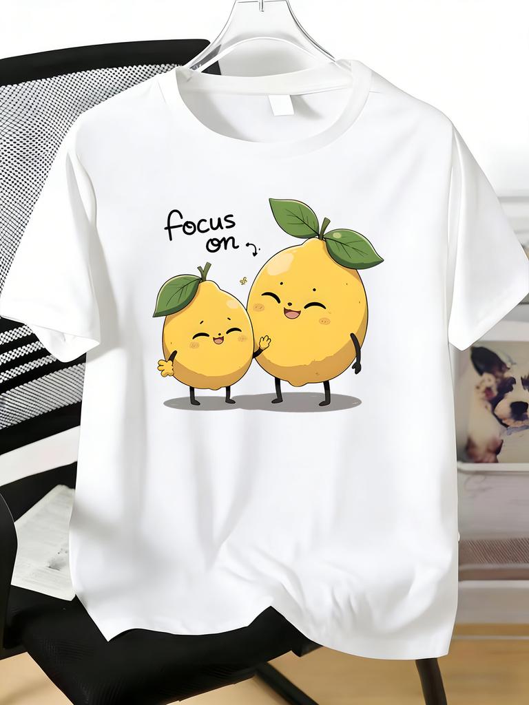 Kawaii Twin Happy Lemon Cartoon Graphic Unisexs Short Sleeve Tee Soft Cotton Crew Neck Casual Summer Daily Wear Top For Adult Male