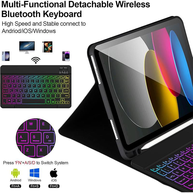 Colorful Backlit Keyboard Case for iPad 11th Gen - A16 Detachable Keyboard with Pen Holder