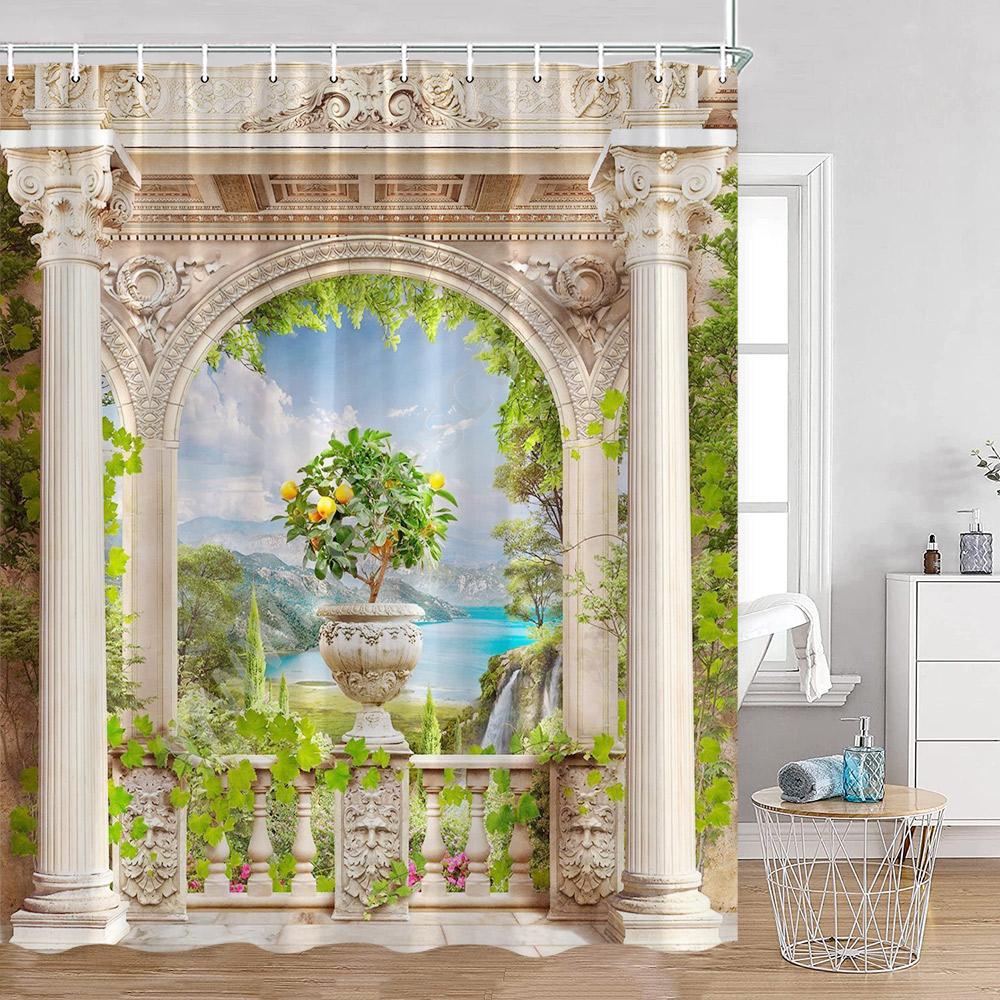European Style Arch Architecture Shower Curtains Green Vine Peacock Elegant Bathroom Decor Roman Column Vintage Art Bath Curtain