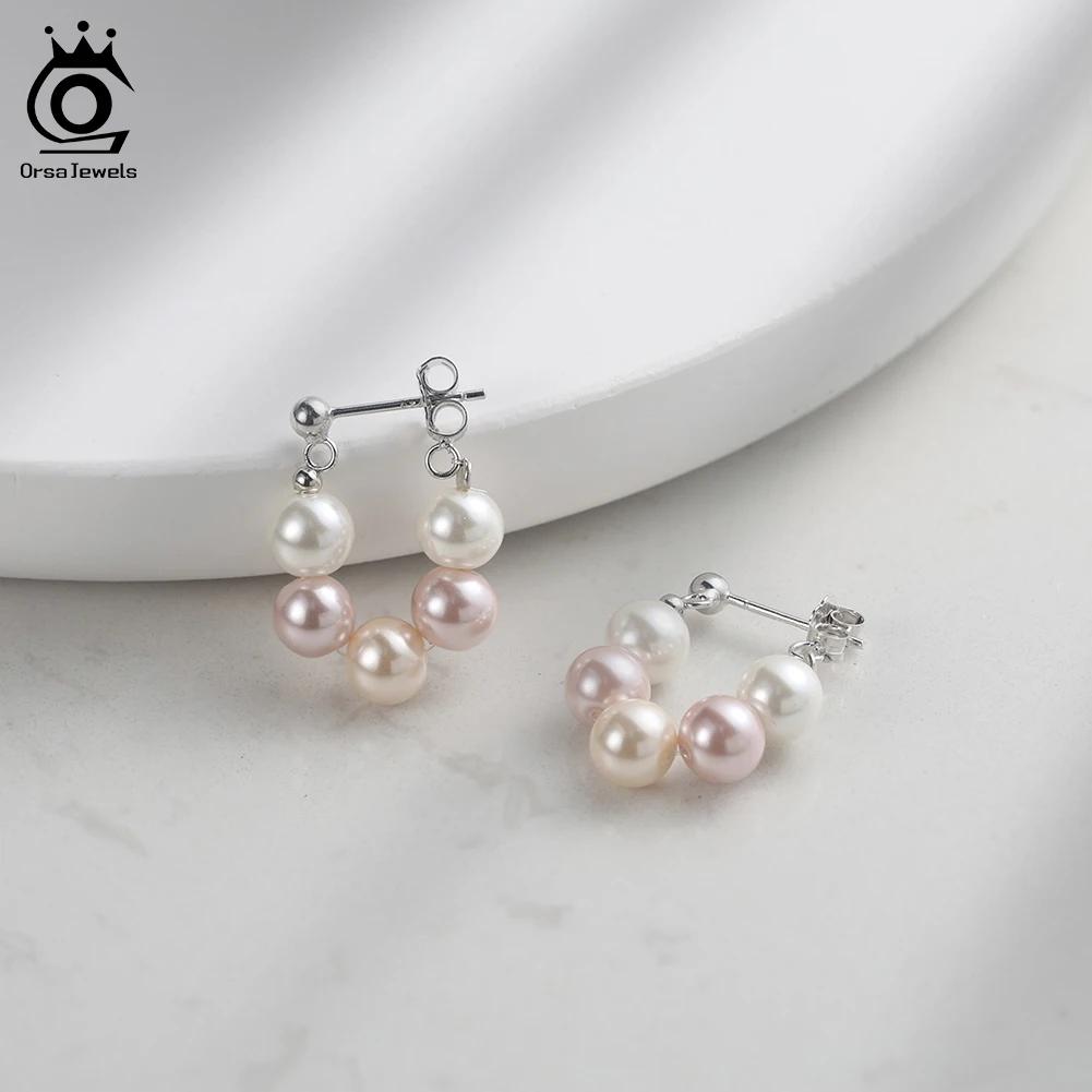 ORSA JEWELS Elegant U-Shaped Shell Pearl Hoop Earrings for Women 925 Silver Pearl Beads Earrings Party Luxury Jewelry PSE08