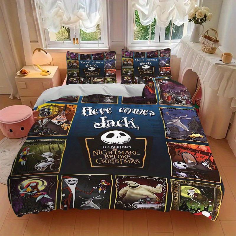 3pcs Jack Skellington Quilt Set, Soft and Comfortable Bedroom, Guest Room and Dorm Decor Bedding Set 1 Quilt Cover + 2 Pillowcases.F052