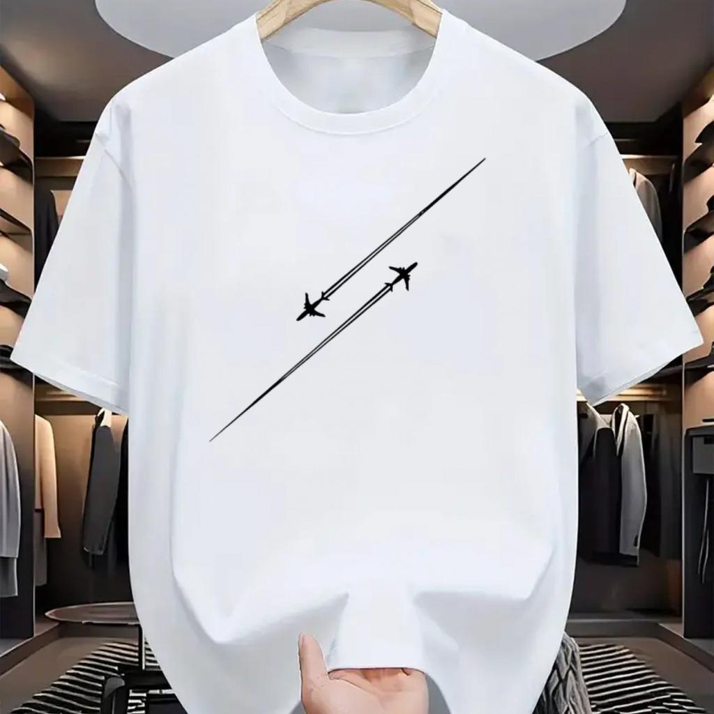 Unisexs summer 100 pure cotton airplane flight track printed fashionable and casual loose round neck short sleeved Tshirt top