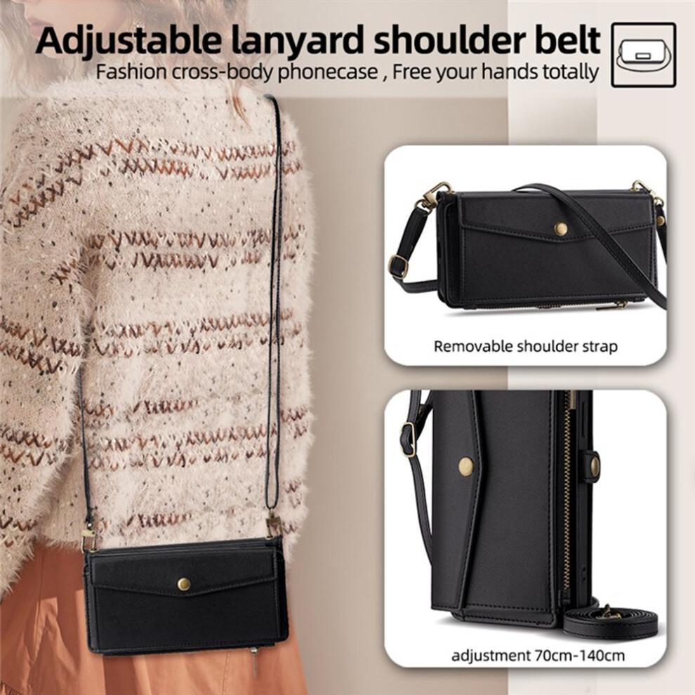 (Black) For iPhone 17 Case Card Slots Zipper Purse PU Leather Phone Cover with Shoulder Strap