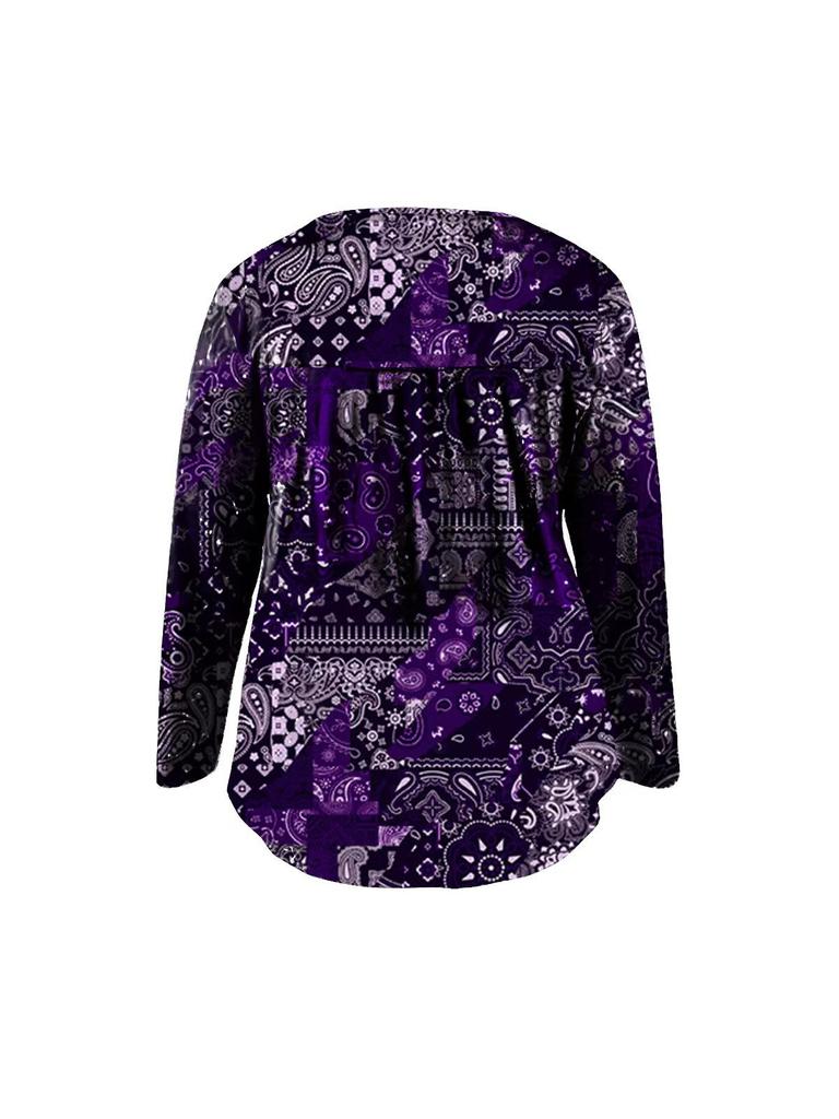 Elegant Plus Size Paisley V-Neck Button Top for Women