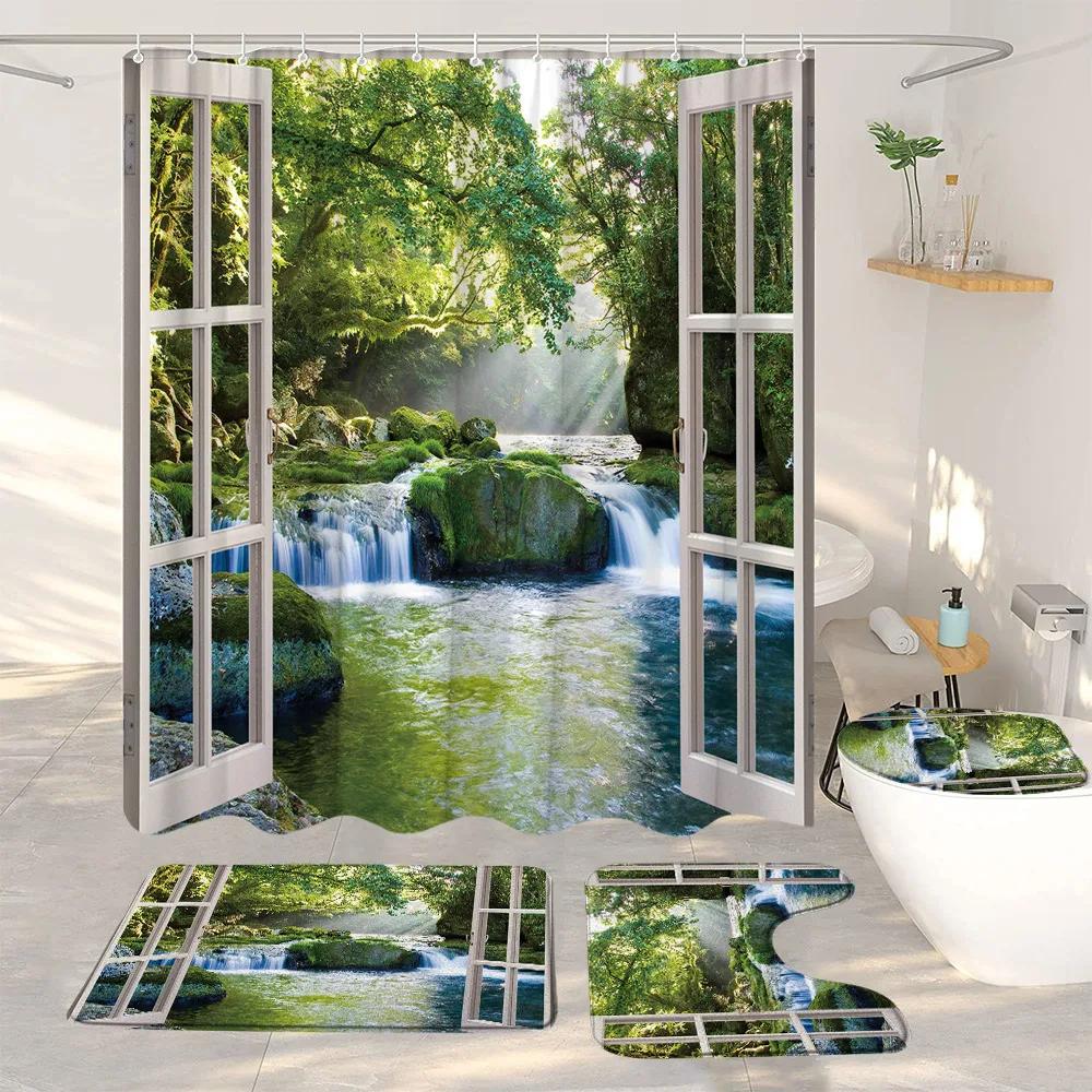 Ocean Beach Shower Curtains And Rugs For Seaside Tropical Landscapes Coconut Trees Cars Hanging Curtains Bath Pad Bathroom Decor