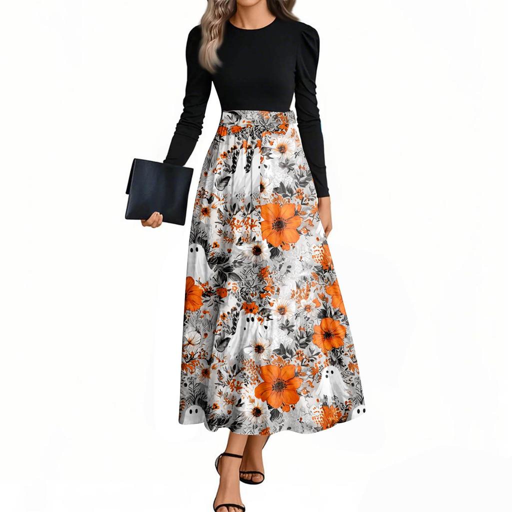Women's Fashion Casual Belted Long Sleeve Round Neck Halloween Printed Elegant Temperament Dresses