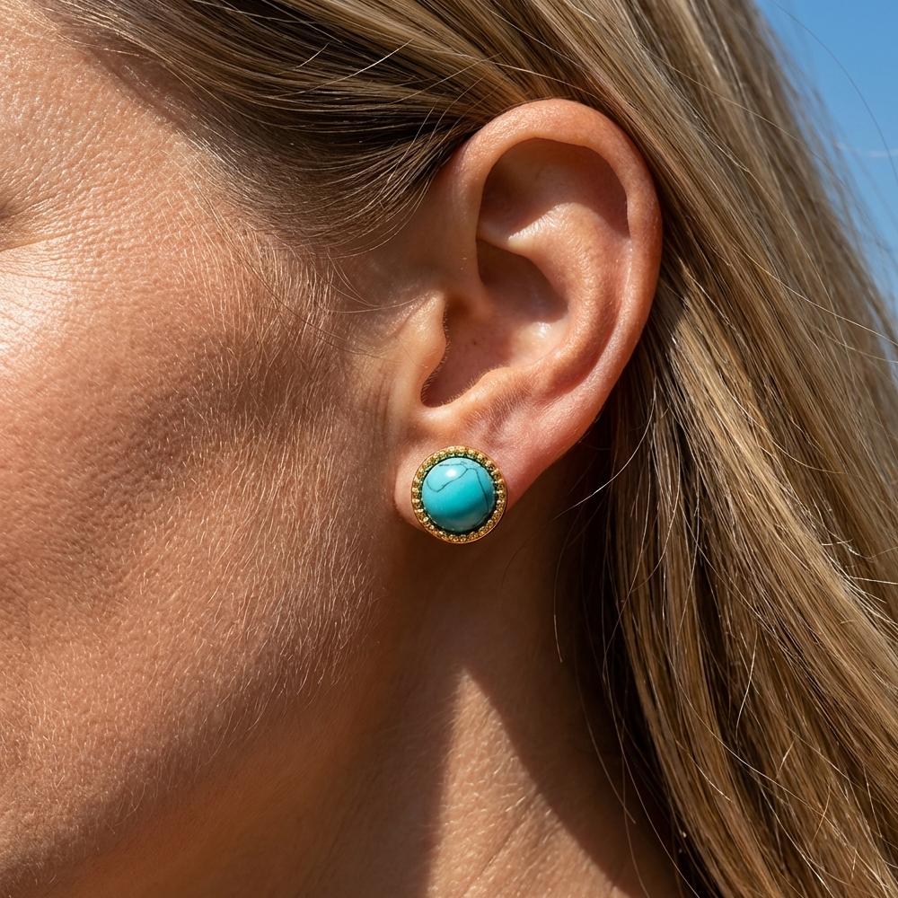 Bohemia Round Turquoise Small Stud Earrings Vintage 18K Gold Color Stainless Steel Jewelry for Women Girl Summer Fashion Gift