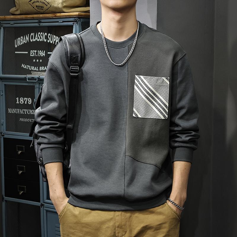 

Американский ретро-дизайн Sense Splicing Pocket свитер мужской осенний тяжелый круглый вырез свободная рубашка с длинными рукавами Tide 4XL темно-серого