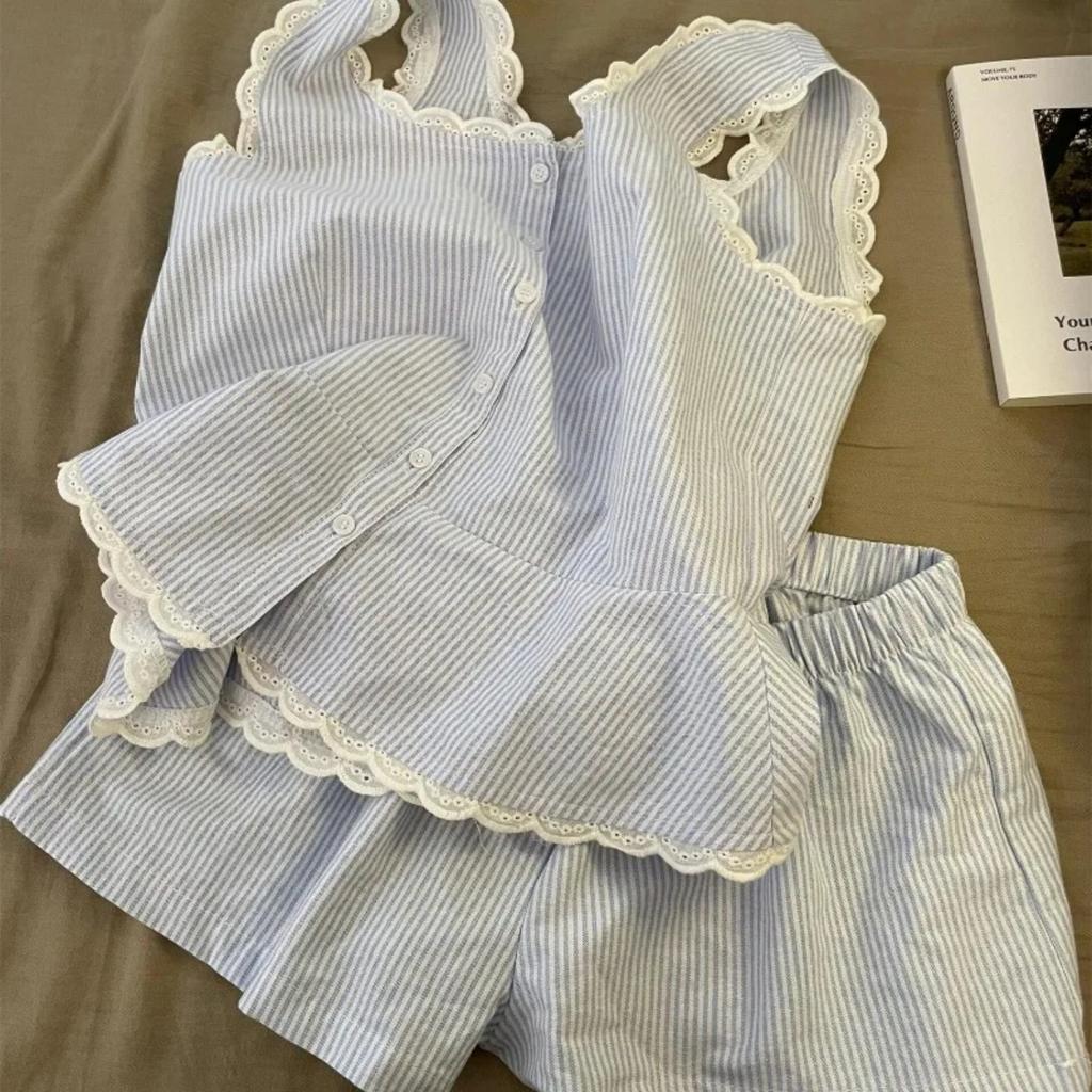 Striped Women Pajamas Summer Sleepwear Sleeveless Shorts Sets 2 Pieces Lace Night Wears Tank Korean Sleeping Home Suit
