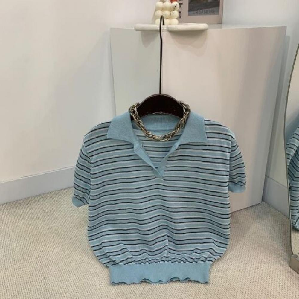 C S In The Room Beho Stripe Open Collar Short Sleeve Knit 3 Color