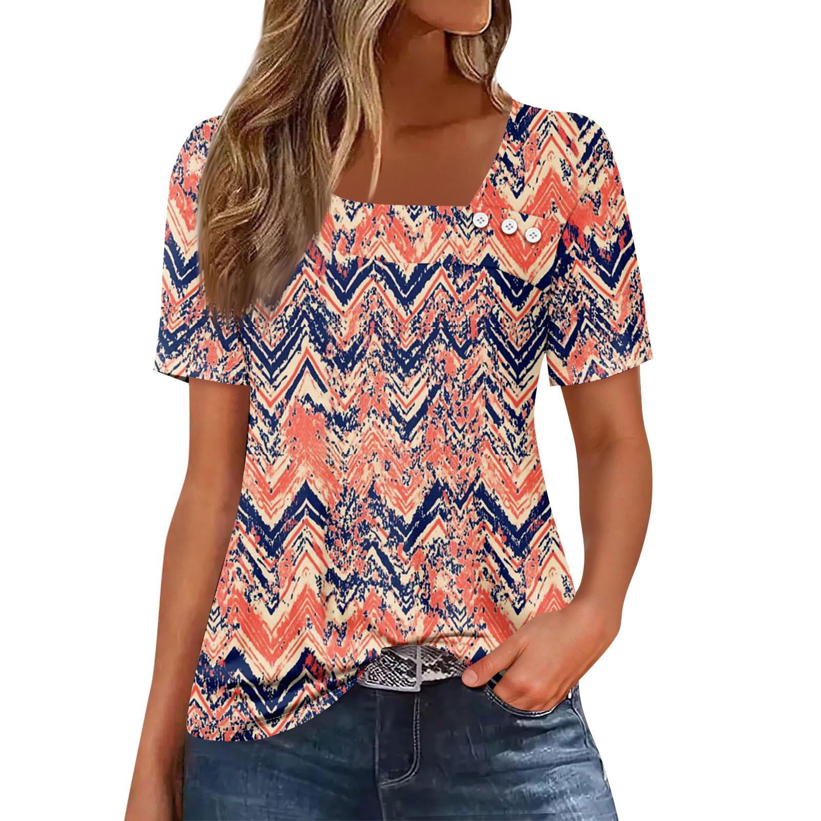 

Жіноча повсякденна футболка з асиметричним вирізом і короткими рукавами з принтом і декоративними ґудзиками XL кавун червоний колір