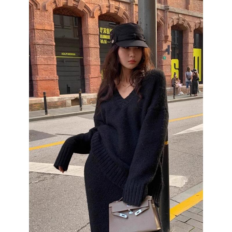 Autumn Winter V-neck Loose Pullover Sweater Set Knitted Elegant Skirts Women Casual Two-piece Set Fashion Outfit Simple Solid Color Office Clothing
