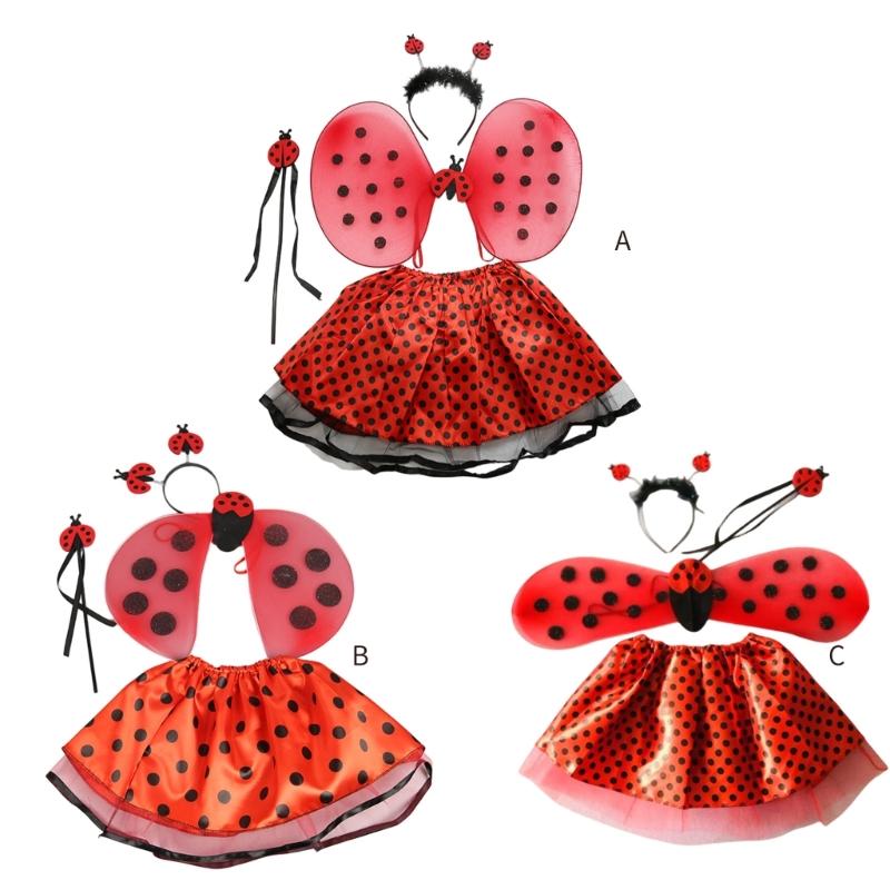 Lady Bugs Costume Star Wands Ladybird Wing Headbands Tutus for Dress Up Pretend Play Birthday Halloween Party Cosplays