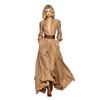 Women Deep V Neck Long Sleeve Belted Ruched High Low Maxi Dress Solid Color Casual Dress