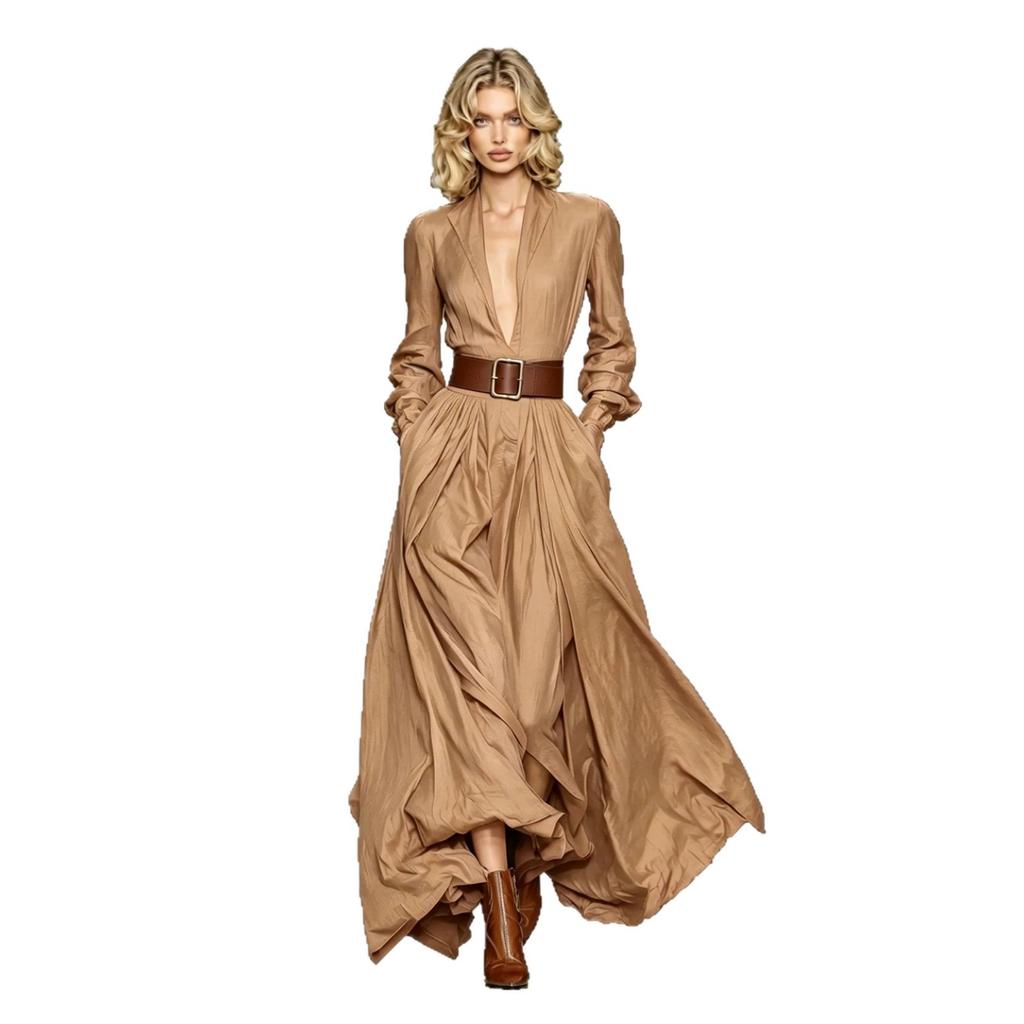 Women Deep V Neck Long Sleeve Belted Ruched High Low Maxi Dress Solid Color Casual Dress