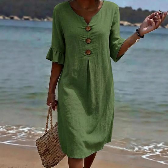 Casual Cotton Linen Midi Sundress with Ruffle Sleeves and Button Details