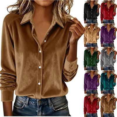 "2025 Spring New Arrival: Stylish Solid Color Gold Velvet Lapel Shirt" 