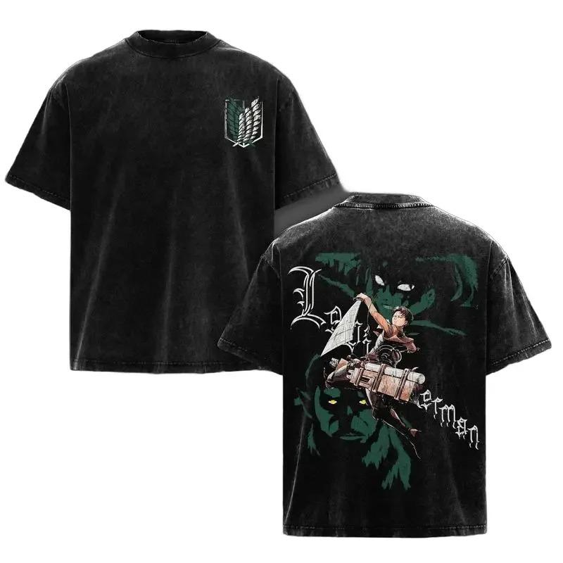 Levi Ackerman Print T-shirt Anime Attack On Titan Clothing Men Women Cotton Tshirts Retro Washed T Shirt Harajuku Unisex Tops S чёрный
