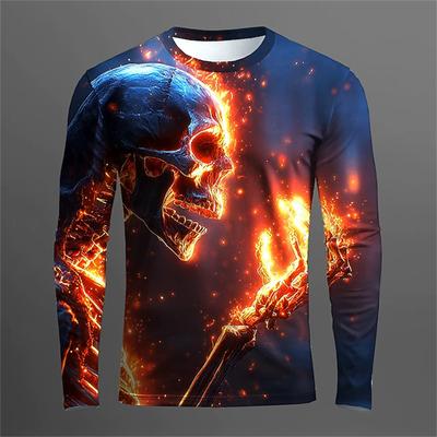 Rundhals 3D Totenkopfmuster Bedruckte T-Shirts Langärmlige Herren T-Shirts - Weicher Mitteldehnbarer Polyesterstoff Frühling und Herbst Locker Sitzende Kleidung