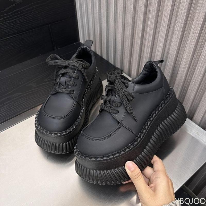 Women's thick soled lace up autumn flat shoes with round toe thick sole for increased height casual fashionable single shoes