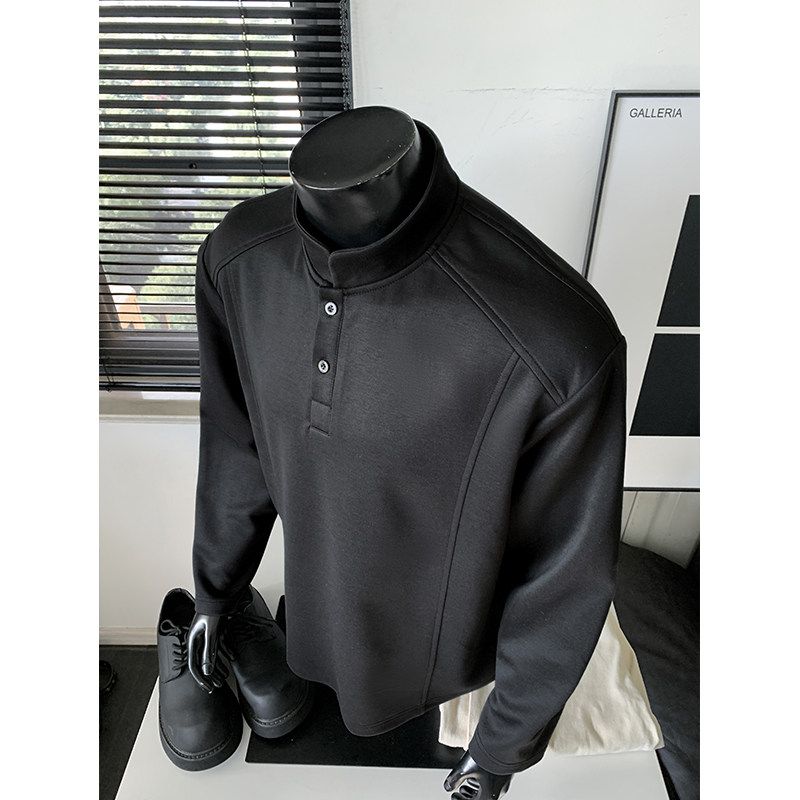 Dongjie No Logo Flus Autumn Henry Collar Straight Shoulder Composite 270g Heavy Cotton Long Sleeve T-Shirt Men's Sweatshirt