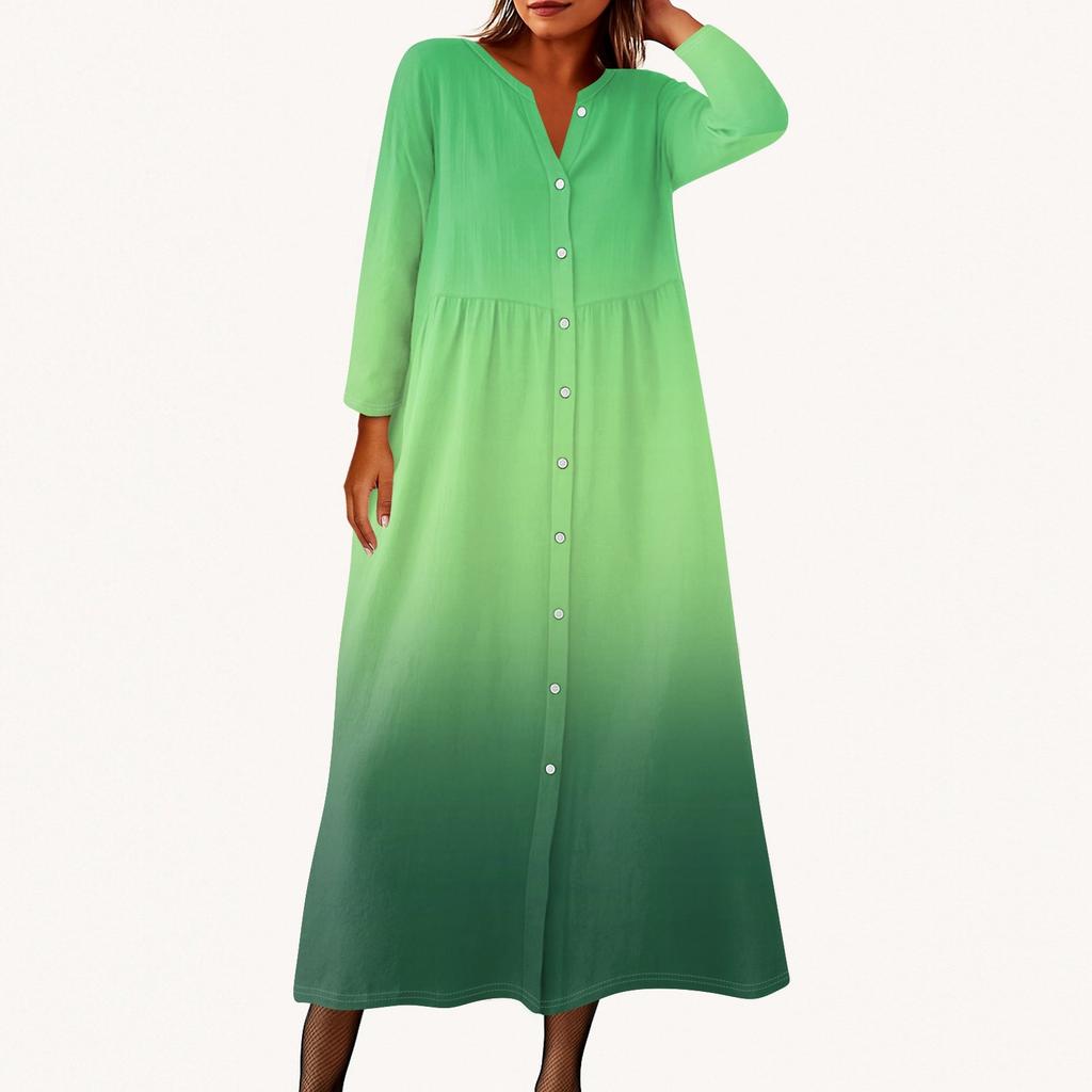 Damen Modisches Bedrucktes Rundhals Siebenviertelarm Knopf Lockeres Hemdkleid