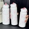 Cute Pink Ribbon Bow Thermos Stainless Steel Insulated Water Bottle Portable Hot Coffee Thermal With Straw Lid Handle Drinkware