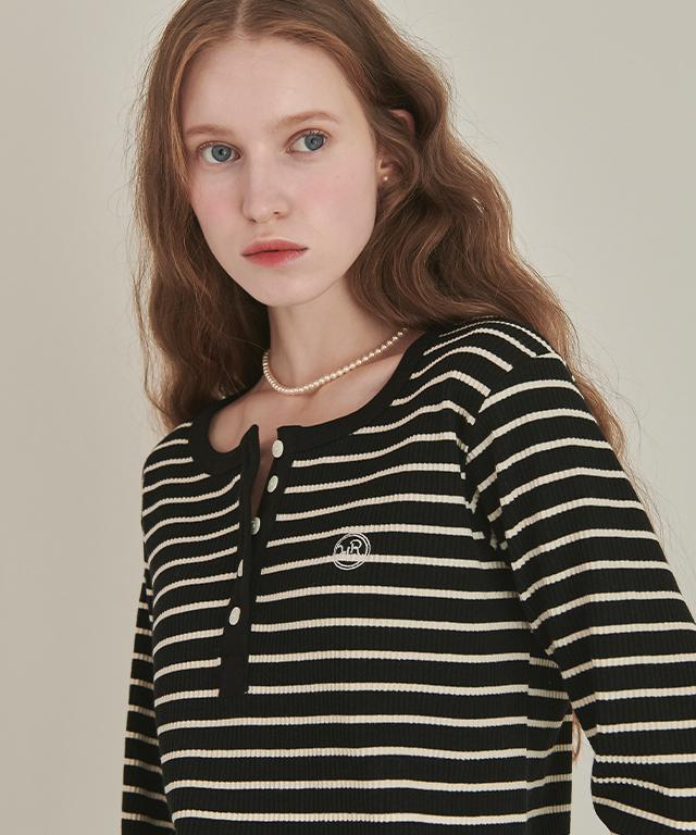 RONRON Henryneck Long Sleeve Ecru Black Stripe