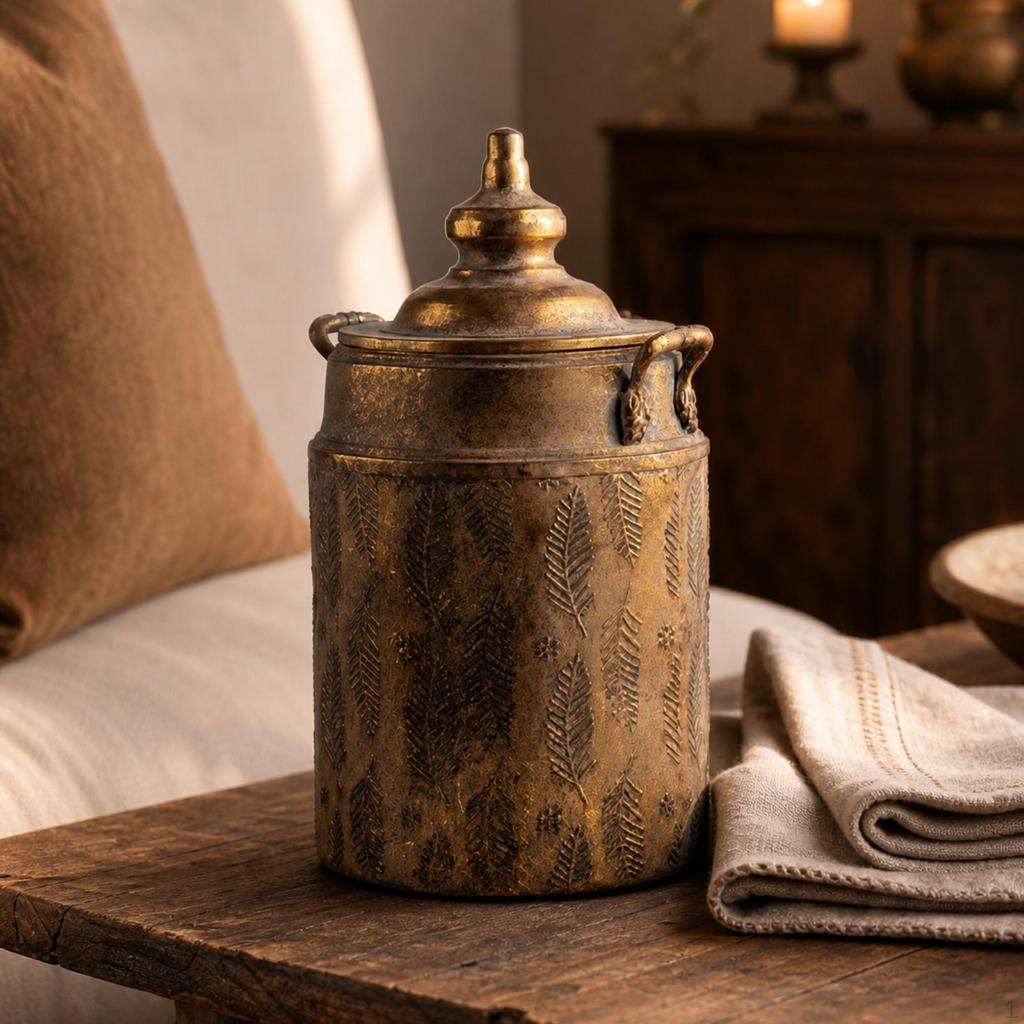 Metallvase mit Deckel Antik Dekorativ Geprägtes Deckelglas für Konsolentisch, Kaminsims, Regal