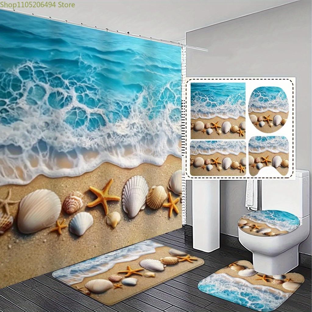 1/3/4pcs Beach-Themed Shower Curtain and Non-Slip Set - Ocean Wave Design with Seashells & Starfish, Polyester, Machine Washab