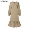 VONDA Women Casual Lapel Long Sleeve Solid Color Dresses