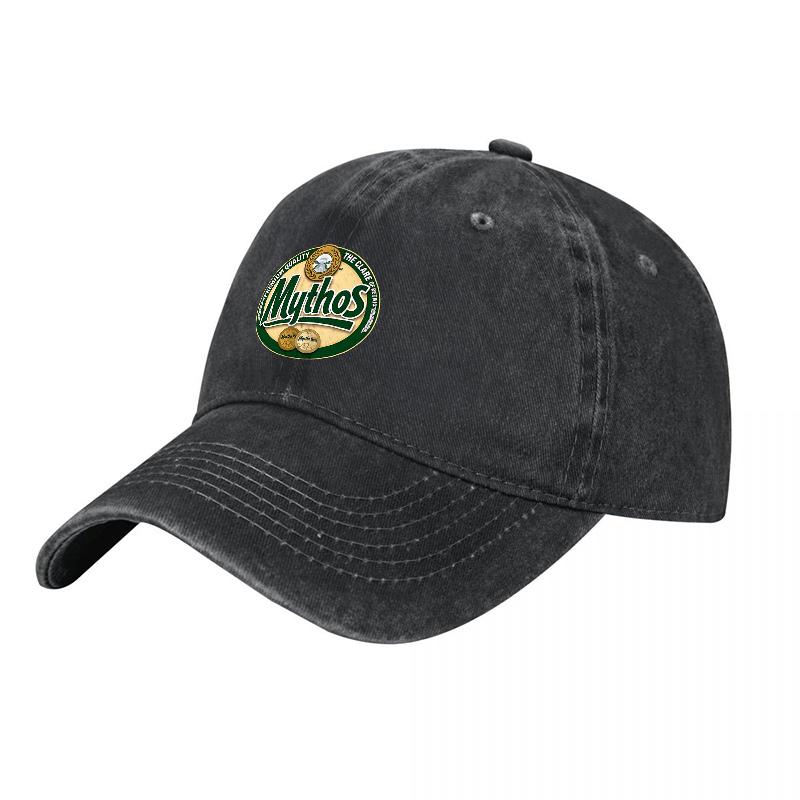 Mythos Bierlogo Baseballkappe aus gewaschenem Canvas im Vintage-Stil, verstellbar, für Damen und Herren, klassisches griechisches Biermarken-Design