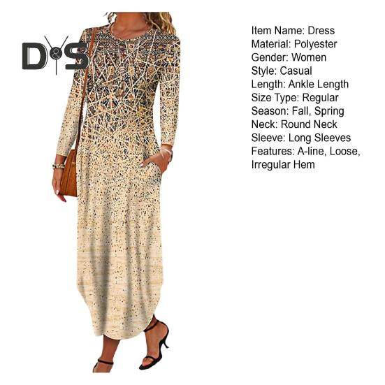 Podzim Jaro Dámské šaty O-výstřih s kapsami Dlouhý rukáv A-linie Tisk Volné Nepravidelný lem Rande Dojíždění Maxi šaty