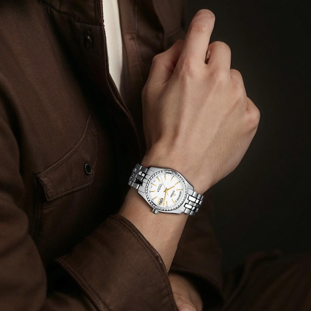 TITONI plum blossom men's series automatic mechanical movement 100 meters 38.5mm white dial stainless steel case stainless steel strap 787 S-310Y