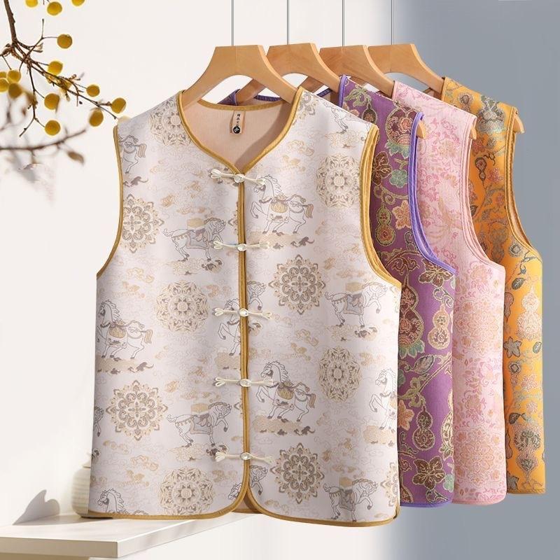 National Style Spring and Autumn Vest Fashion All-match Retro Disc Buckle New Chinese Style Blouse Jacquard Round Neck Waistcoat Women