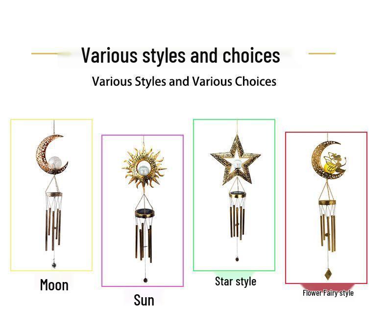 Lumière Carillon Solaire Lune Vent: Décoration Suspendue d'Extérieur en Fer Forgé pour Jardins, Balcons, Terrasses - Étanche.
