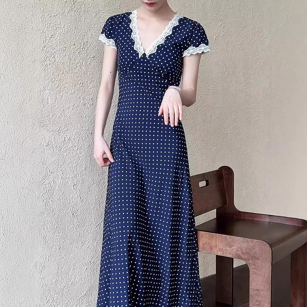 French Retro Popular Polka Dot Dress, New Lace Temperament Summer Dress, Slim and Thin Waist