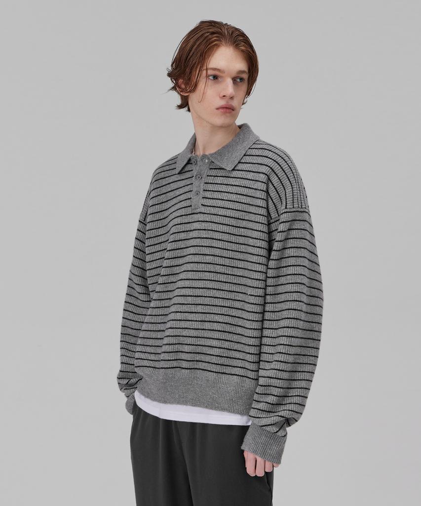 GLW Oversized Striped Collar Knit Soft Touch Gray