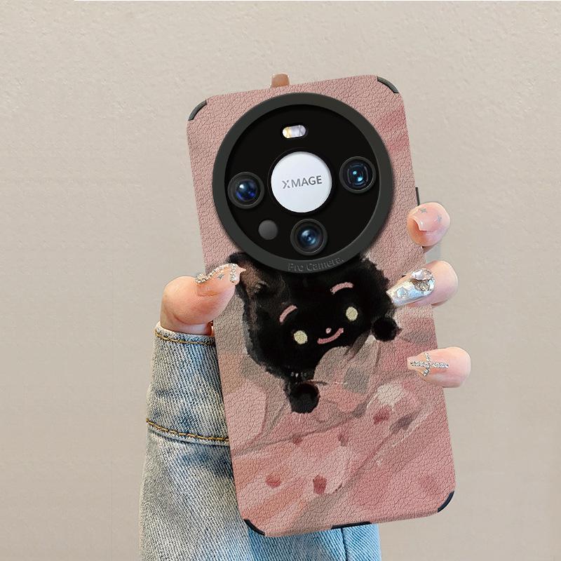 Trendy brand black cat is suitable for Huawei mate60pro mobile phone case lambskin p70 retro 50/40 premium glory 200.